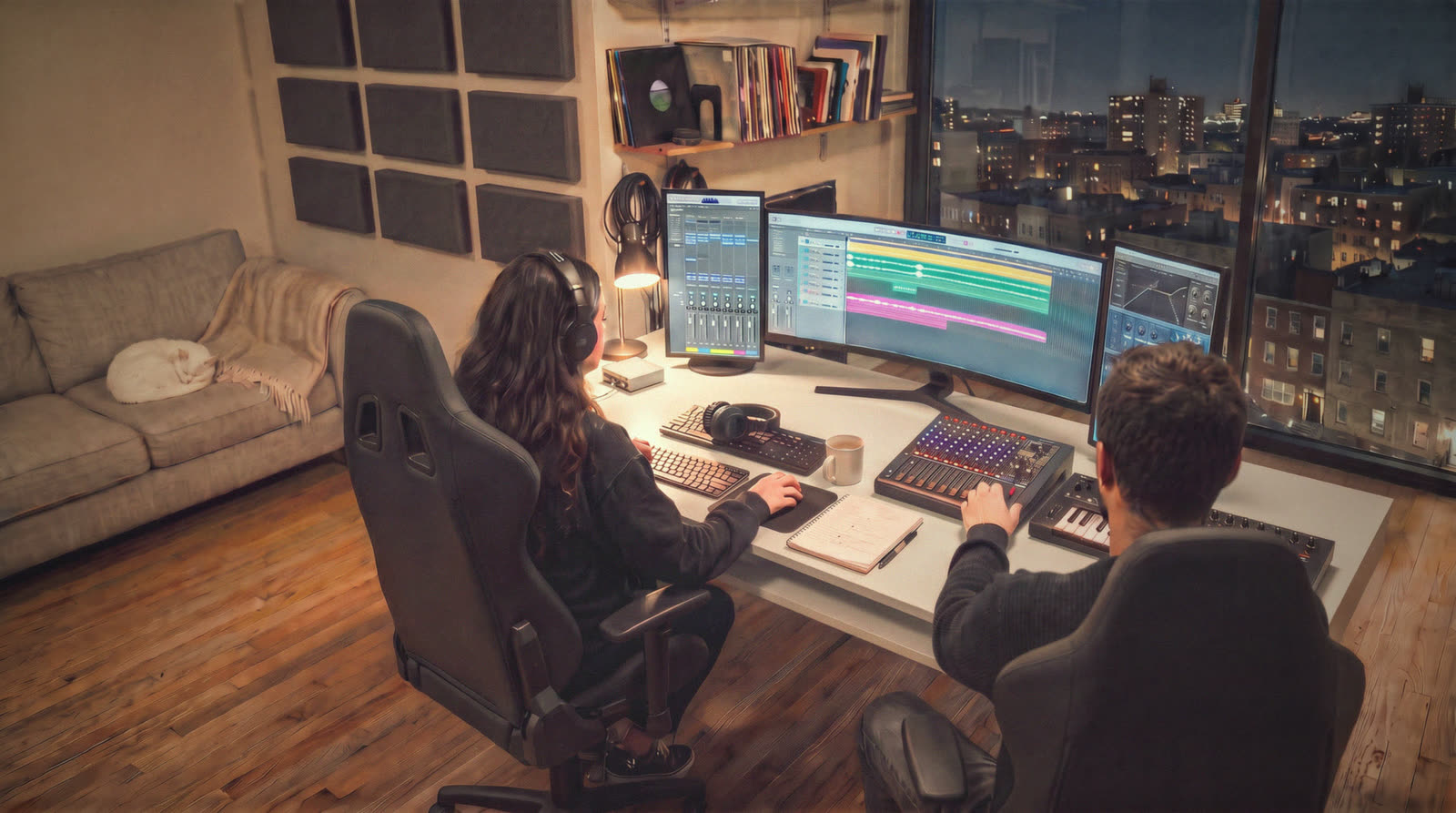 Dos personas de espaldas trabajando de noche en un estudio de música en casa, con consola, teclado y una ventana con luces de la ciudad